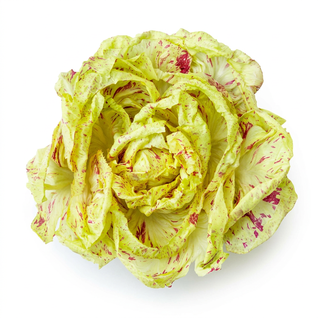 Castelfranco Salat, grün-rote Blätter, zarter Radicchio, frisch und dekorativ, minimalistisch auf weißem Hintergrund
