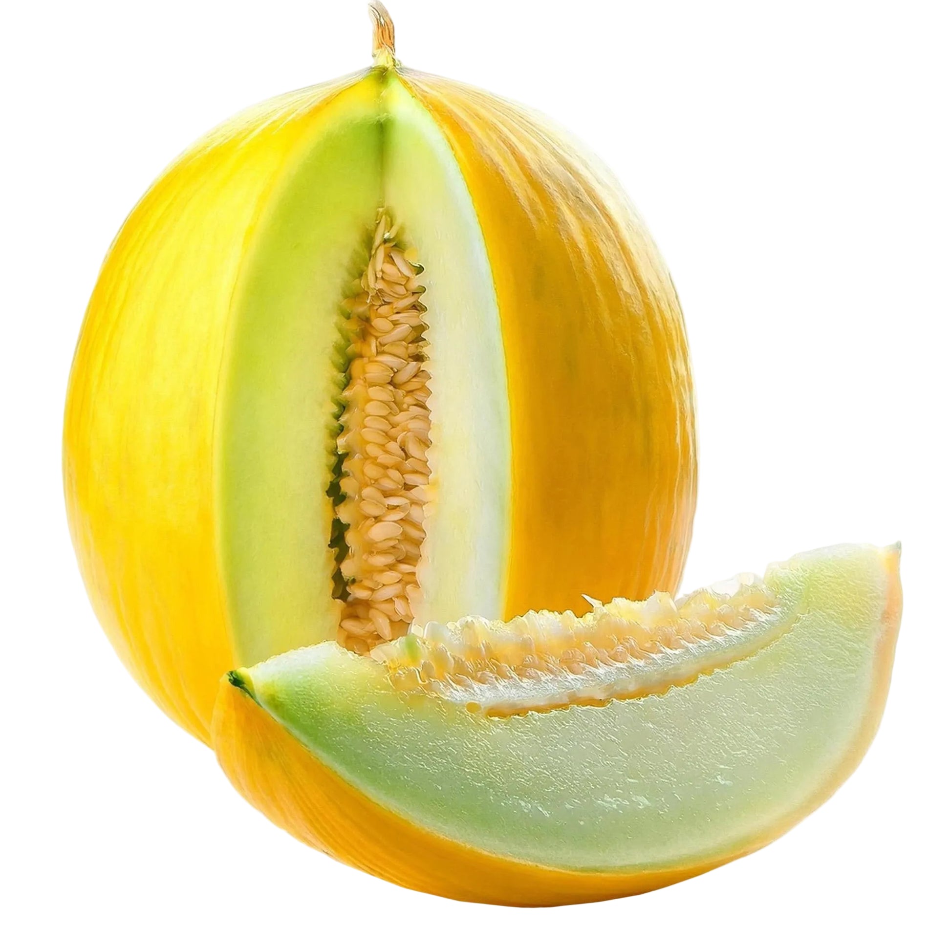 Honigmelone mit glatter, hellgelber Schale und saftigem, hellgrünem Fruchtfleisch – süß, mild und erfrischend, ideal für Snacks, Desserts und sommerliche Gerichte