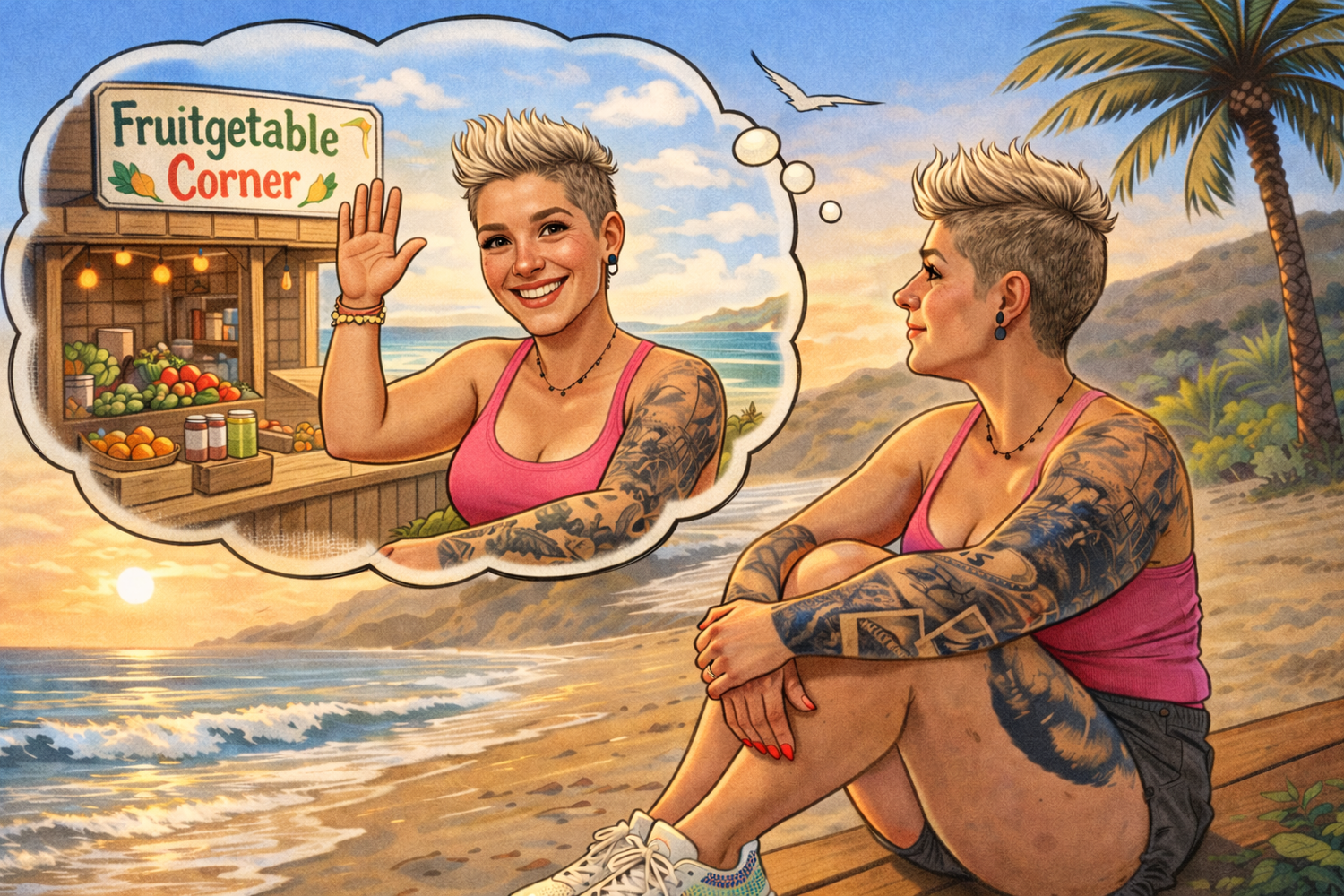 Eva sitzt am Meer als Karikatur und in einer Sprechblase sieht man Sie denkt  an den Fruitgetable Corner.
