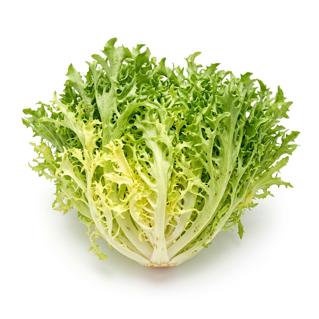 Feiner Frisée Salat, zarte krause Blätter, frisch und aromatisch, besonders knackig, minimalistisch auf weißem Hintergrund
