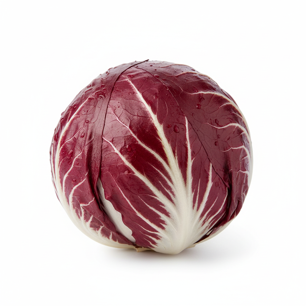 Runder Radicchio mit kompaktem Kopf, tiefroten Blättern und kontrastierenden weißen Blattadern, fest geschichtet und knackig, auf hellem Hintergrund präsentiert.