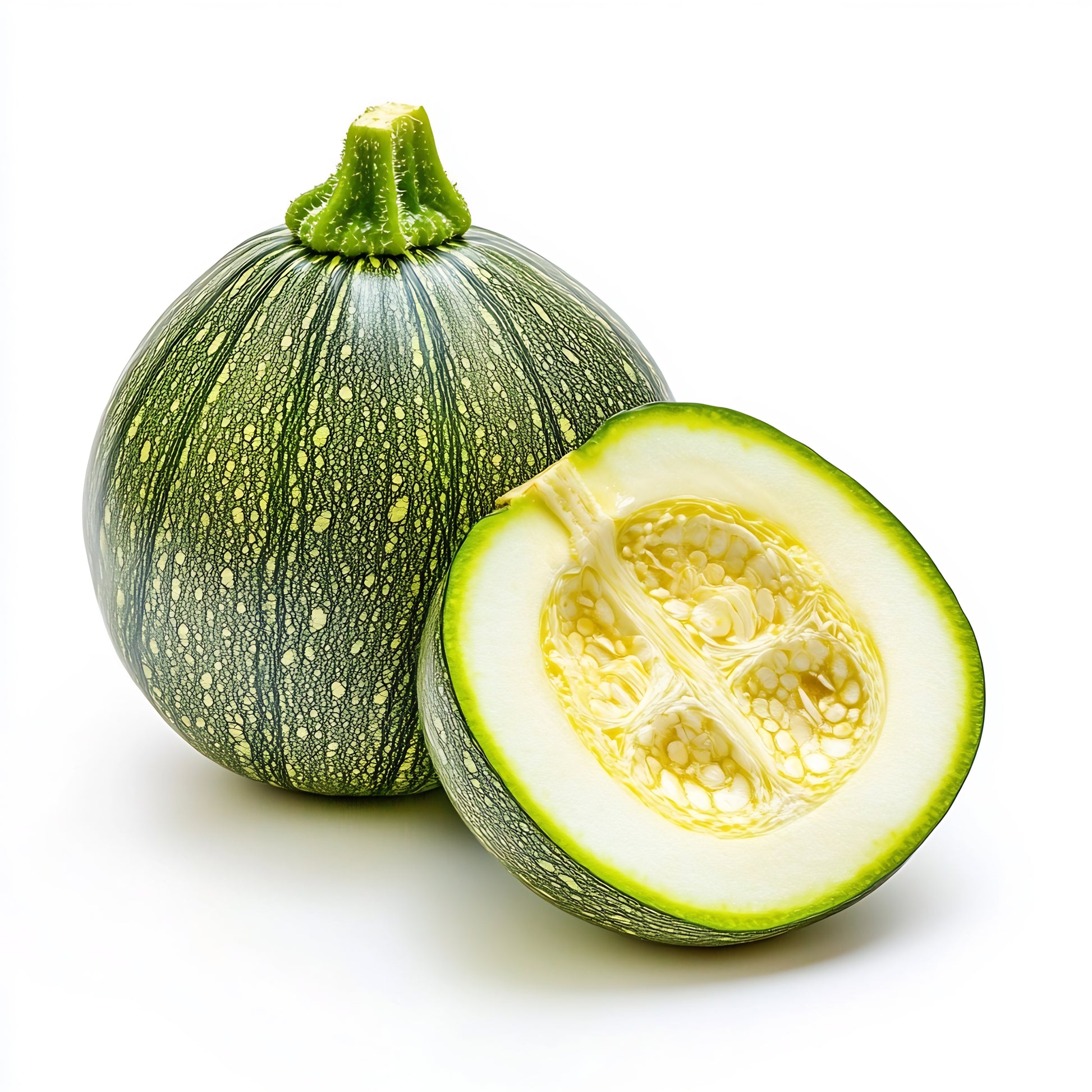 Runde Zucchini frisch, kleine kugelförmige Zucchini, zart und mild im Geschmack, fest und dekorativ, minimalistisch auf weißem Hintergrund